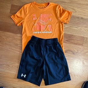 Under Armor set size boys small orange shirt black shorts